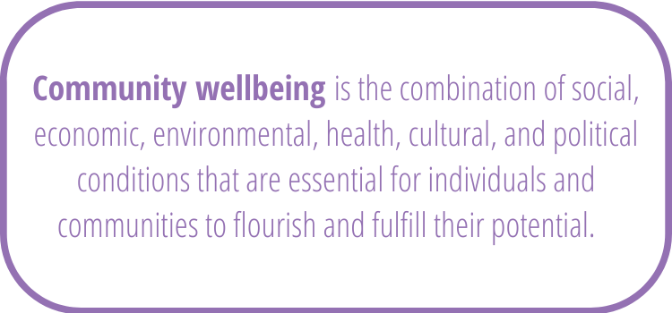 “Community wellbeing is the combination of social, economic, environmental, health, cultural, and political conditions that are essential for individuals and communities to flourish and fulfill their potential”.