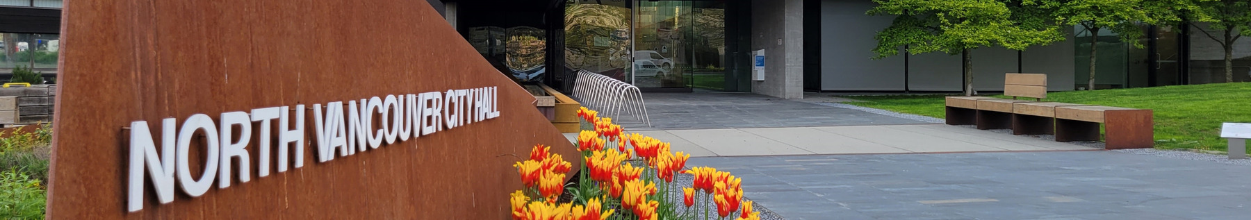 Exterior of City Hall with tulips