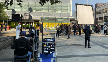 filming So Help Me Todd in Civic Plaza