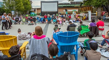 people watching movie in Civic Plaza