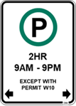 Time limited Parking Except with Permit sign