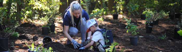 mother and son planting shrubs
