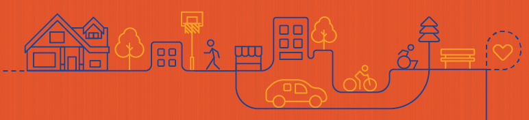 Line illustration on an orange background showing connected public spaces. Along the pathway lines are buildings, a basketball net, a bench, a car, a person cycling, a person walking, and a person using a wheelchair. Trees and a heart icon highlight nature and community wellbeing.